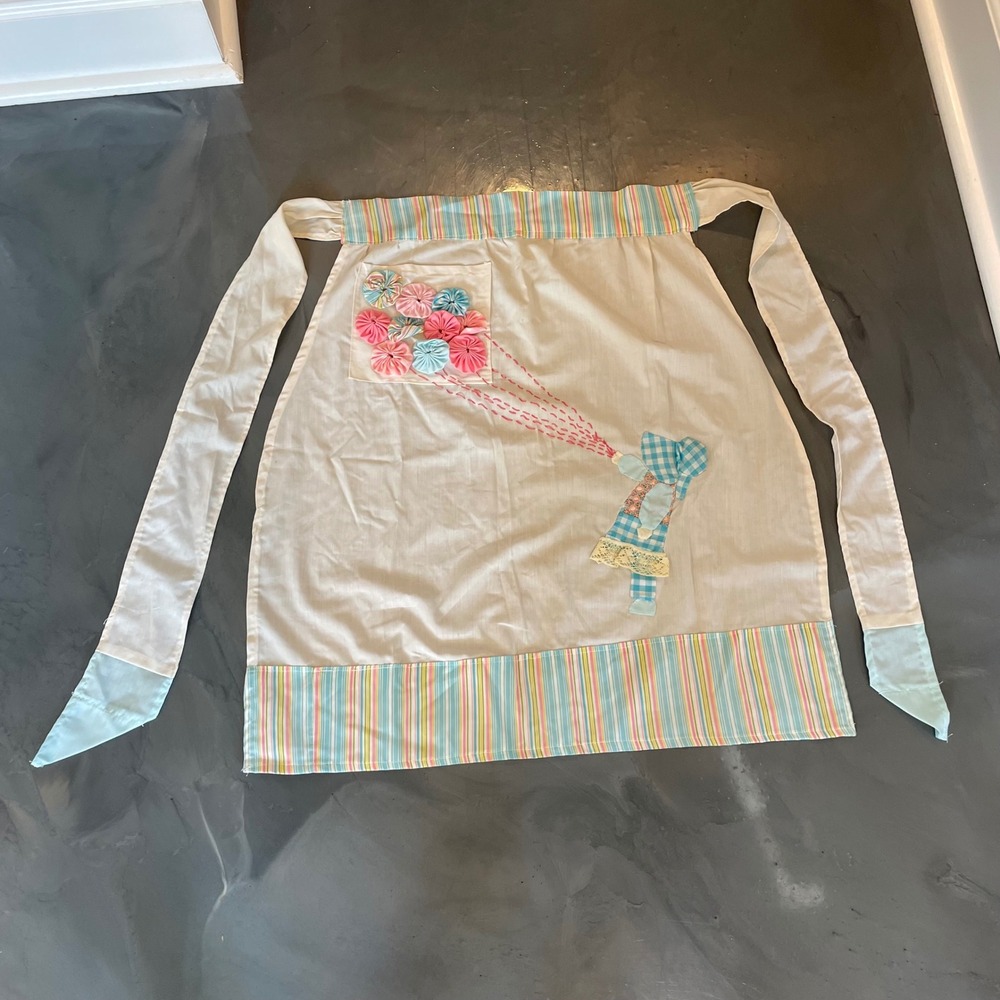 VTG Handmade Sunbonnet Sue Half Apron 3D Balloons Pastel Striped Cottagecore